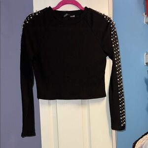 Black Long Sleeve Top with Pearl Embellishments